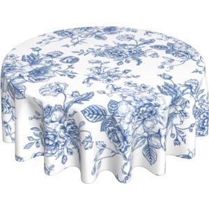 Blue Floral Tablecloth 70 Inch Round Blue and White Chinoiserie Flower Table Cloth Spring Decorations Polyester Stain Resistance Blue Round Table Cover for Party Picnic Kitchen Decor Outdoor