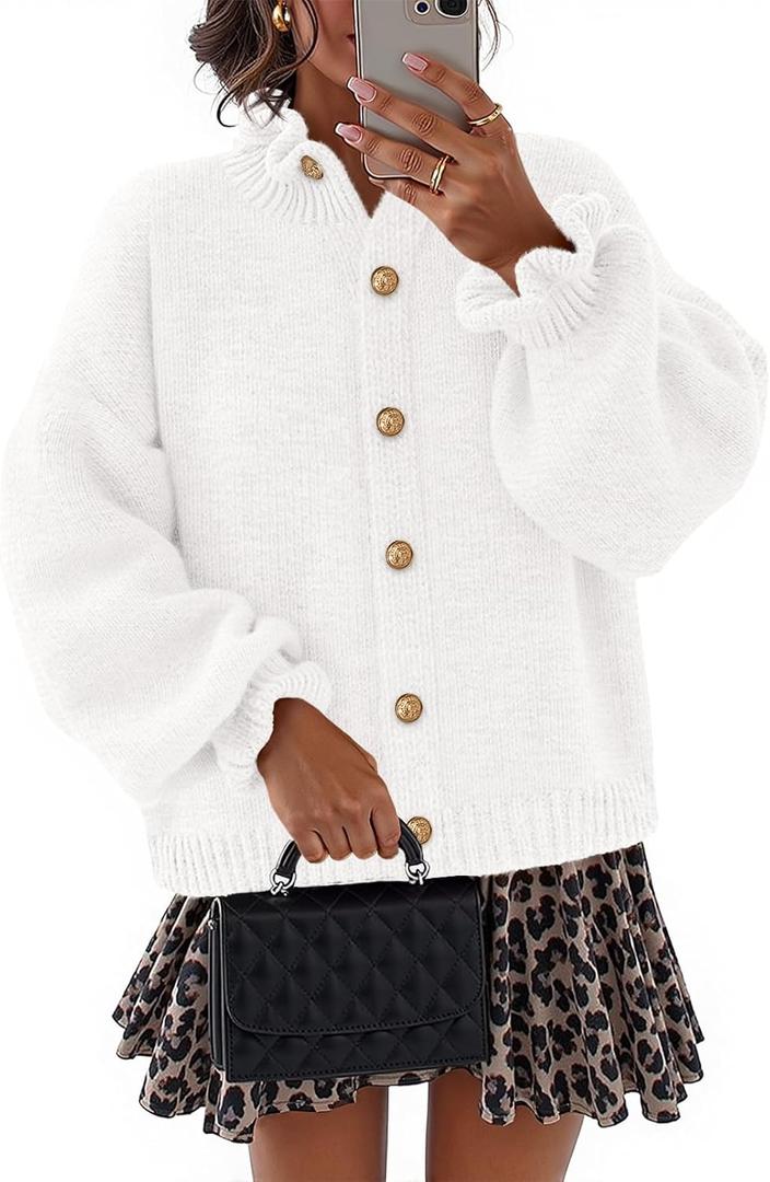 MEROKEETY Women's Fall 2026 Chunky Cardigan Sweaters Trendy Ruffle Button Down Long Sleeve Casual Knit Coat Winter Clothes (White, XL)