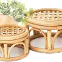 Set of 2 Small Boho Rattan Wicker Round Riser Plant Stand Indoor,Rustic Farmhouse Natural Wooden Circle Pedestal for Decor & Display, Tabletop, Office Decor (Round - 6" & 8")
