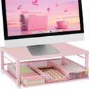 Small Pink Laptop Stand for Desk, Monitor Stand, Office Desk Accessories, Computer Desktop Stand with Drawer for Home, Office, School (Pink)