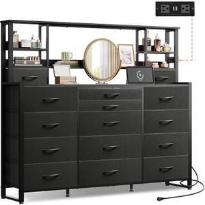 WLIVE 55" W Dresser for Bedroom with 15 Fabric Drawers & 5 Storage Shelves, Tall Black Dresser with Charging Station, Makeup Vanity Desk, Dressing Table, Chest of Drawers for Closet, Living Room