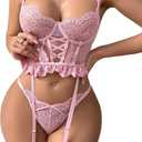 Aranmei Womens Lingerie Lace Lingerie Set with Garter Belt Underwire Bra and Panty 4 Piece (Medium, Pink)