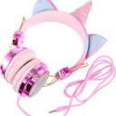 Adorable Over Ear Headset for Adults Cute Cartoon Unicorn Design with Plug Headphone for School Daily Use Volume Control for Safe Listening Finish Golden Pink