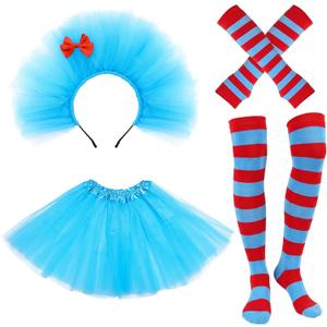 4PCS Blue Tulle Tutus Costume Set Mesh Tutus Skirt Puffy Headband Bow Socks Arm Gloves for Women World Book Day Halloween Cosplay Party Dress-Up Festival Costume Accessories Outfit