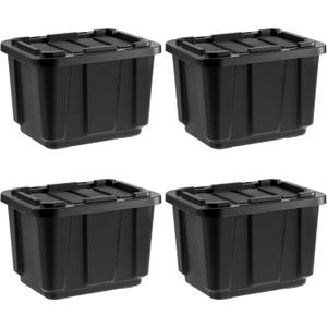 IRIS USA 12 Gallon Heavy Duty Truck Bed Toolbox Storage Tote Bins with Lids, 4 Pack - Made in USA, Tough Snap On Lockable Lid Stackable Industrial Rugged Tubs, Garage Organization Box - Black (1 bin missing, no lids)