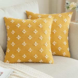 ANRODUO Pack of 2 Yellow Boho Decorative Throw Pillow Covers with Tufted Rhombic Jacquard for Spring Room Decor Boho Pillow Covers Decorations 16x16 Cute and Soft Pillowcase for Couch Sofa Living Room