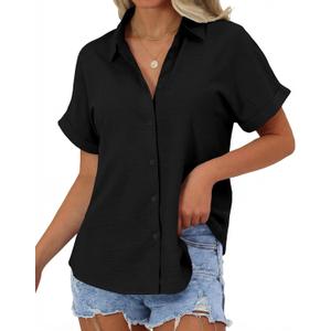 JEKAOYI Womens Button Down Shirts, Cotton Short Sleeve Button Up Shirt Casual Spring Blouses Summer Vacation Tops (L)