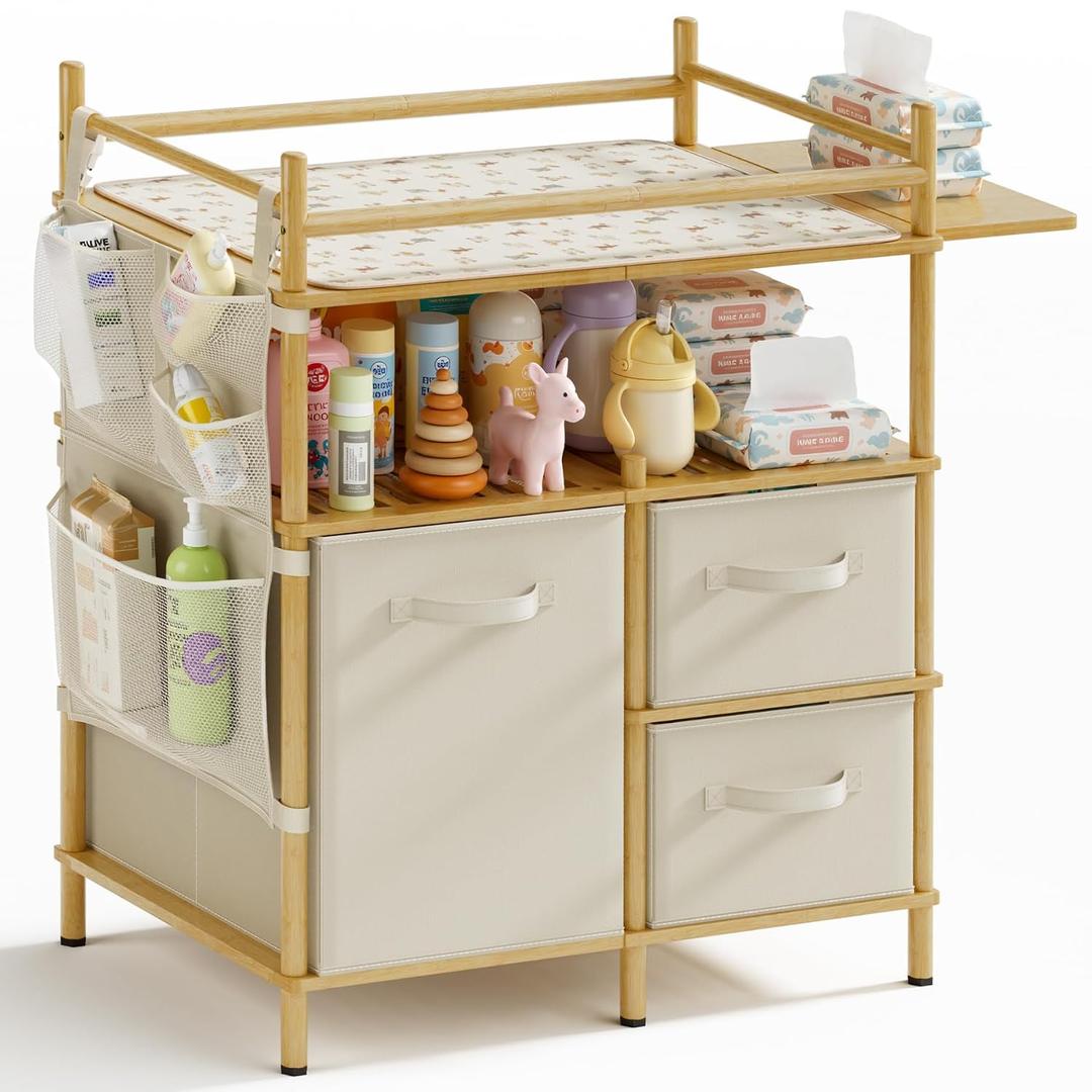 Amazer Baby Changing Table, Bamboo Baby Dresser Table with Flat Top, Diaper Changing Station with 3 Removable Storage Drawers, Large Storage Nursery Organizer Shelves with Pad, Mesh Pocket