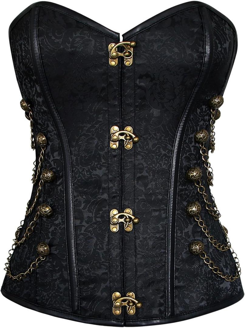 Charmian Women's Spiral Steel Boned Steampunk Gothic Bustier Corset with Chains (4X-Large, Buckle Black)