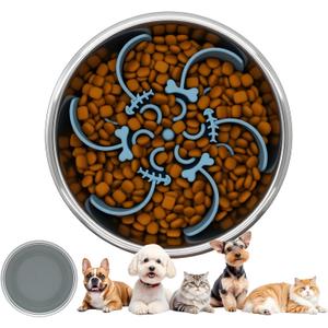2 in 1 Slow Feeder Dog Bowl with Removeable Silicone Feeder Insert, Stainless Steel Pet Bowl, Non-Slip Rubber Base for Small Medium Dog Cat (3.2 Cups)
