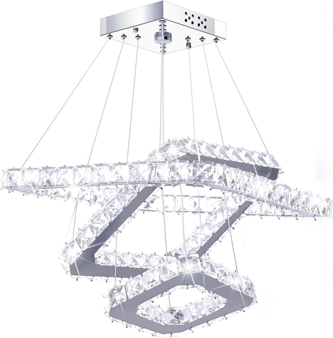Crystal Chandeliers Modern LED 3 Ring Chandelier Adjustable Ceiling Light Fixtures Pendant Lighting Stainless Steel Hanging Lights for Living Room Dining Room Bathroom Bedroom, Cold White (Square)