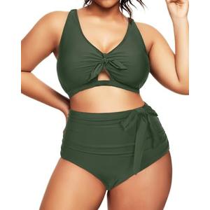 Daci Women 2 Piece Plus Size Bikini Swimsuit High Waisted Bottom Ruched Tie Knot Bathing Suit 20W