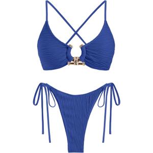 ZAFUL Bikini Swimsuit for Women Ribbed Criss Crosstie Back Bikini Sets Metal Ring Sexy High Hip Bathing Suit Royal Blue, XS
