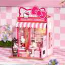 Hands Craft Hello Kitty Patisserie Miniature House Kit with Hello Kitty Figurine Kawaii 3D Puzzle with Switch Activated LED Lights DIY Wooden Craft Kit for Bedroom or Bookshelf Decor & Gifts