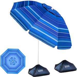 OutdoorMaster Beach Umbrellas for Sand with Sandbag & Anchor, 6.5ft Adjustable Umbrella for Beach Heavy Duty Wind, Portable UPF50+ Sunshade with Carry Bag for Patio, Dark Blue Striped