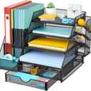 GALASALA Mesh Desk Organizer, 5 Tier Paper Letter Tray with Extra Vertical File Sorter, Sliding Drawer and Pen Holders for Desk Accessories Office Supplies, Black
