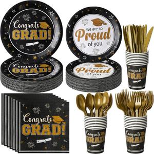 Graduation Party Supplies Decorations Serve 50, 2026 Graduation Party Plates and Napkins Set, Black Gold Disposable Paper Plates Napkin for College High School Graduation Congrats Grad Party Supplies