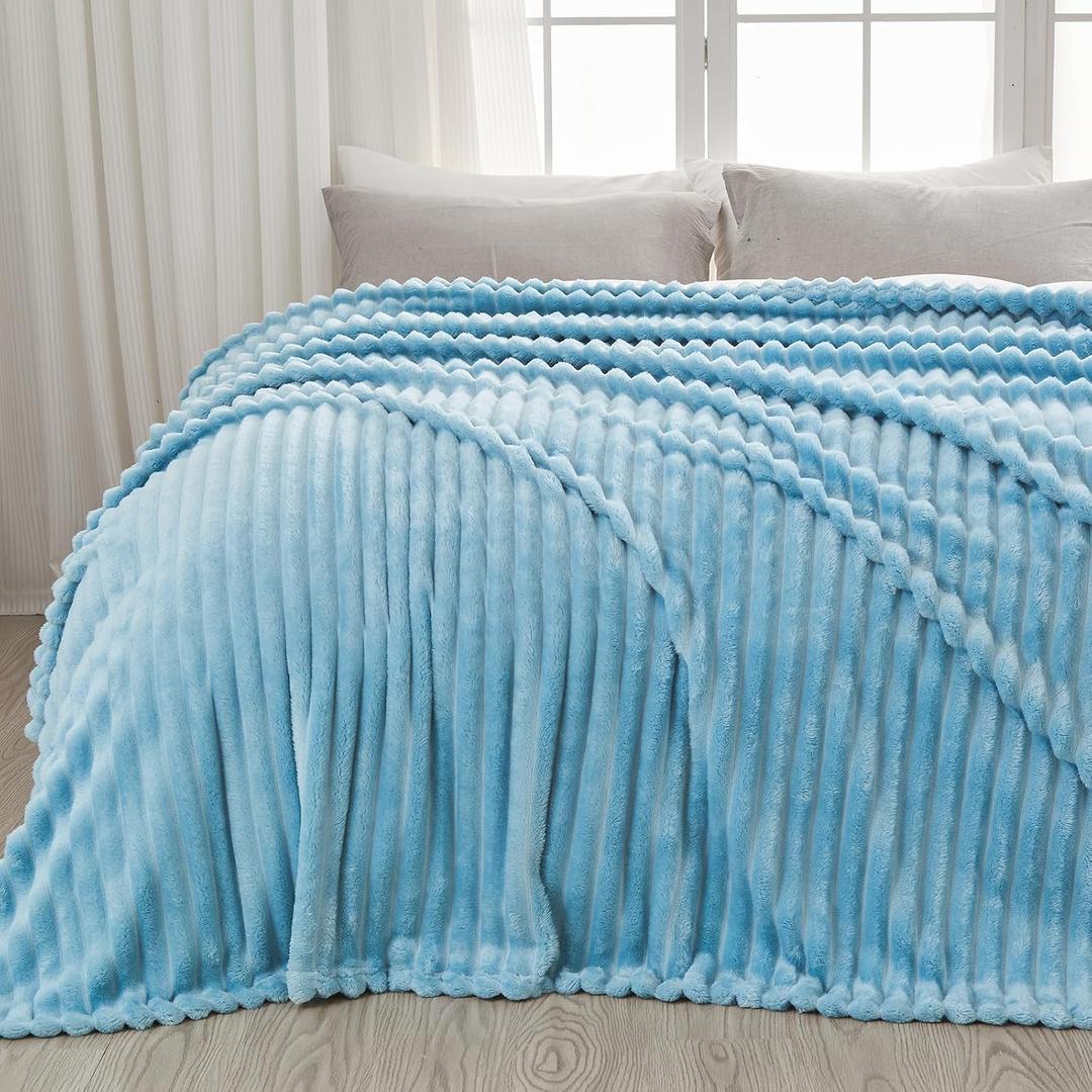 Fleece Ribbed Cozy Queen Blanket for Couch, Blue , 88x58in