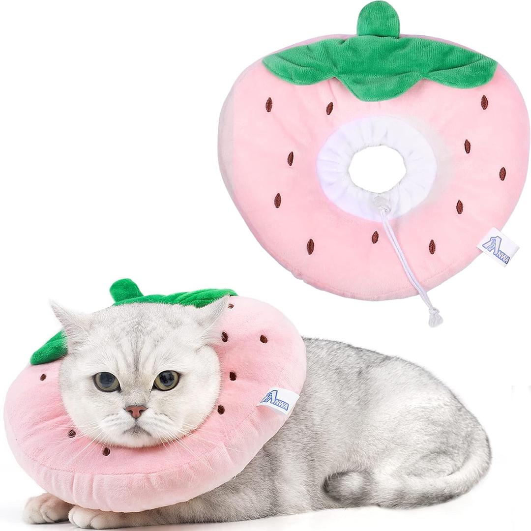 ANWA Adjustable Cat Cone Collar Soft, Cute Cat Donut Collar After Surgery, Kitten Recovery Cones to Stop Licking (Medium, Strawberry)