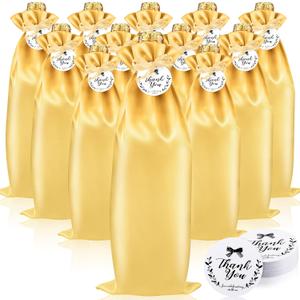 Shappy 12 Pcs Yellow Satin Wine Gift Bags with Drawstrings and Tags, Wine Bottle Bags Covers Reusable for Holiday Party Supplies