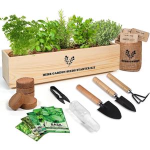 Meekear 5 Herb Seeds Garden Starter Kit with Complete Planting Kit & Wooden Flower Box, Growing into Basil, Parsley, Rosemary, Thyme, Mint for Kitchen Windowsill Herb Garden DIY