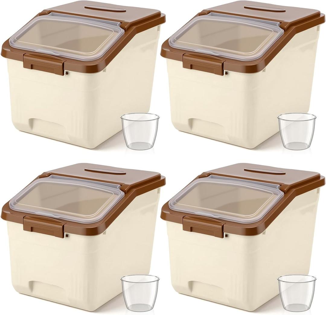 Blushtier 4 Pack Large Rice Storage Containers 30 Lbs Airtight Flour Container with Seal Locking Lid and Measuring Cup Kitchen Dry Food Storage Bins for Cereal Sugar Beans(Khaki)