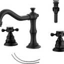 GGStudy Matte Black Bathroom Faucet 2 Handles 3 Holes Faucet 8 inch Widespread Bathroom Sink Faucet Tap Mixer Supply Hose Included Matching Metal Pop Up Drain