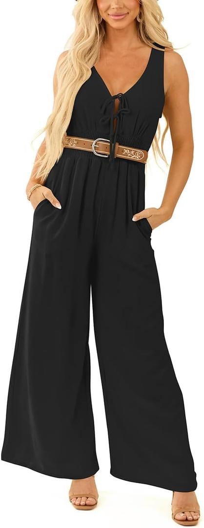 Womens Jumpsuit Sleeveless Wide Leg Romper Summer Vacation Beach Outfit (Black, S)