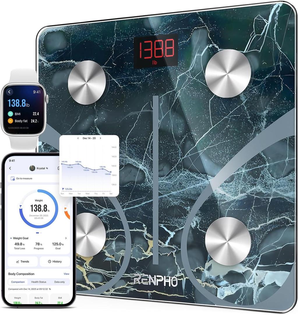RENPHO Smart Scale for Body Weight, Digital Bathroom Scale BMI Weighing Bluetooth Body Fat Scale, Body Composition Monitor Health Analyzer with Smartphone App (Marble, 11"/280mm)