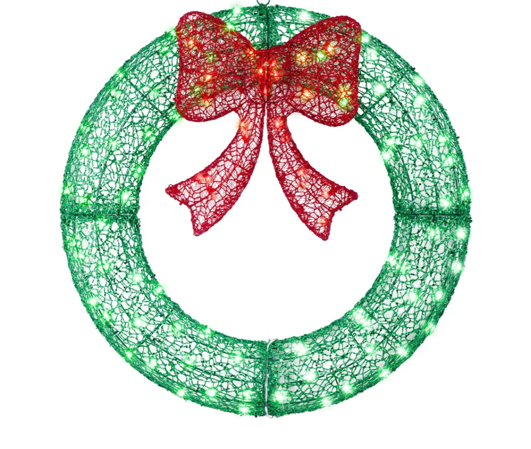 24" Pre-Lit Outdoor Christmas Wreath with 140 LED Lights and Bow, Lighted Metal Christmas Wreath Decoration with Timer Function for Xmas Home Wall Front Door Window Garage (Green Red