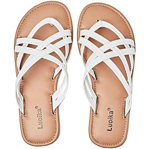 Luoika Women's Wide Width Flat Sandals, Flip Flop Slides Sandal Casual Strapy Sandal Slip on Summer Beach Shoes for Women. Size 7.