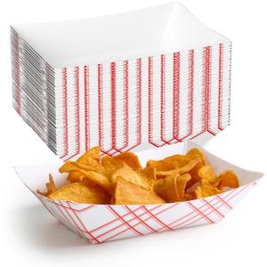 ECOLipak 100 Pack 2lb Paper Food Tray Red, Disposable Paper Food Boats, Food Holder Trays, Serving Boats for Taco Snack Nacho Hot Dog