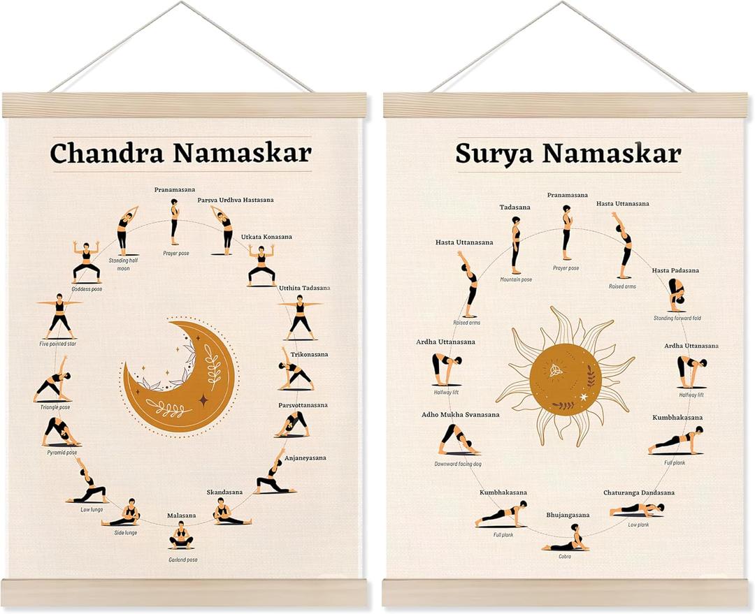 Welshower Boho Chandra Namaskar Yoga Poster Hanger Frame, Moon Salutation Boho Hindu Spiritual Meditation Wall Art Prints Decor for Yoga Room Studio Gym Home Bedroom Therapy Office, 12x16 Inch Set of 2