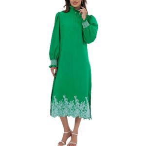 Women's Spring Summer Embroidery Maxi Dress 2026 Long Puff Sleeve Ruffle Collar Button Front Shift Dress (Green, M)