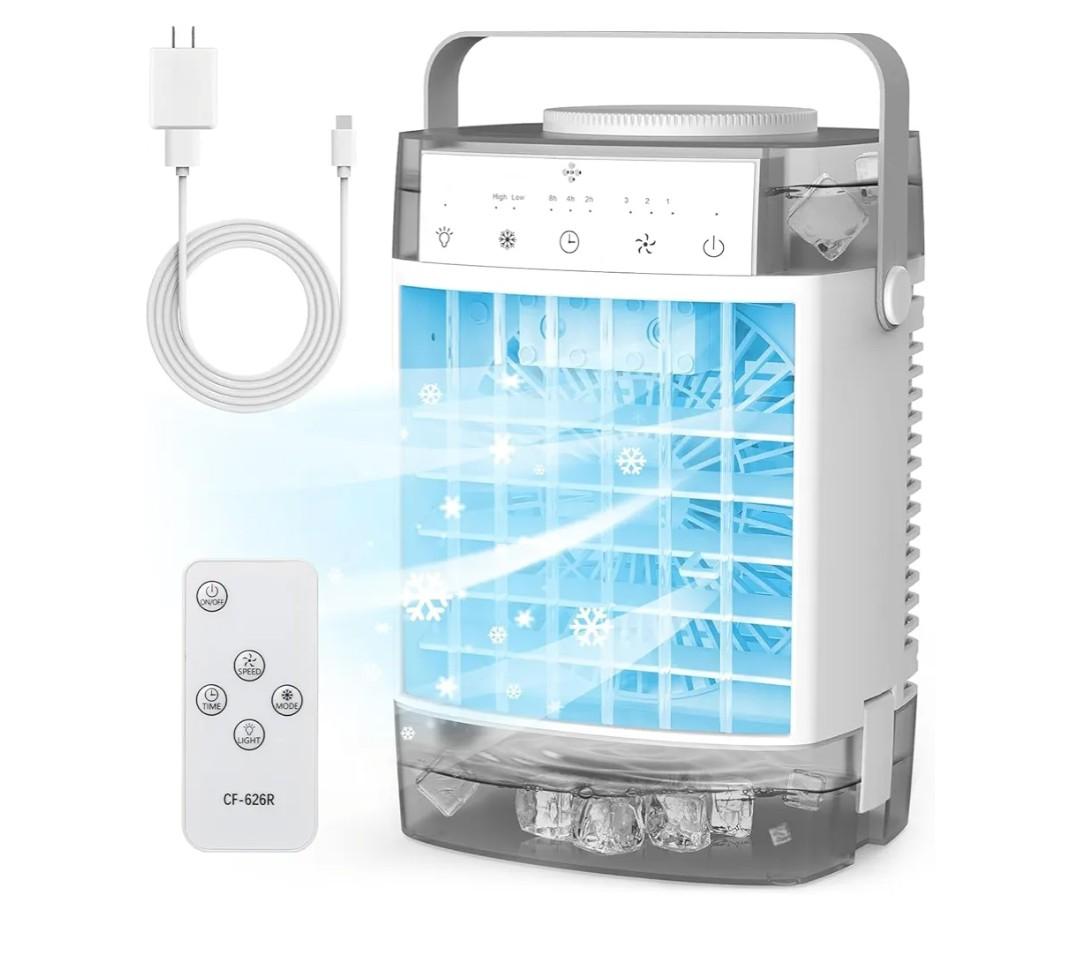 Portable Air Conditioners,Portable AC Unit,1600ml Dual Tank Evaporative Air Cooler,3 Speed 2 Mist Modes,Personal Mini Desktop Cooling Fan with Remote Adapter,7 Lights,3 Timer for Room Office RV Car