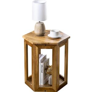 MyGift Hexagon Acacia Wood End Table with Shelf – 20-Inch Tall Small Side Table for Living Room or Bedroom
