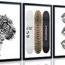 Framed Stockholm Style Canvas Wall Art Set of 3 Black and White Fashion Leopard Print Lips, Preppy Room Aesthetic Cheetah Wall Decor for Girls Bedroom Apartment or Dorm12x16 Inch Black Wood Frame