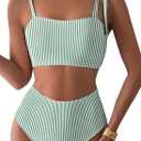 Herseas Womens Two Piece Bikini Sets Striped Shoulder Strap Knot High Waisted Swimsuits Quick Dry Soft Bathing Suit High Elasticity Long Torso Swim Outfits, Small, Green Stripes