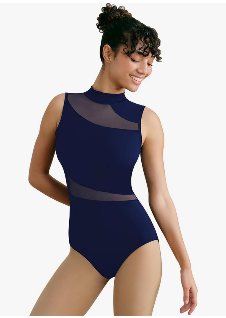Women Mock Neck Ballet Leotards for Dance, Asymmetrical Mesh Splicing, Chest Padding, Big Hollow Back, small