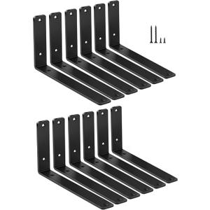 12 Pack - L 10" x H 6" x W1.5, 5mm Thick Black L Shelf Bracket, Iron Shelf Brackets, Metal Shelf Brackets, Floating Shelf, Shelf Supports with Screws