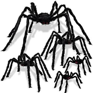 JOYIN 4 Packs Halloween Decorations Outdoor Giant Spiders, Large Black Hairy Spider Set with Different Size for Halloween Outside Decor, Lawn, Yard, Indoor Decor(35", 30", 24", 20", 12")