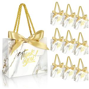 EQOREIIN 30 Pack Small Thank You Gift Bags with Handles 5.5 x 2.4 x 4.7 Inches Mini Marble Gold Gift Bags with Bow Ribbon Tiny Party Favor Bag Bulk for Graduation Mother's Day Baby Shower Wedding (Marble Gold)