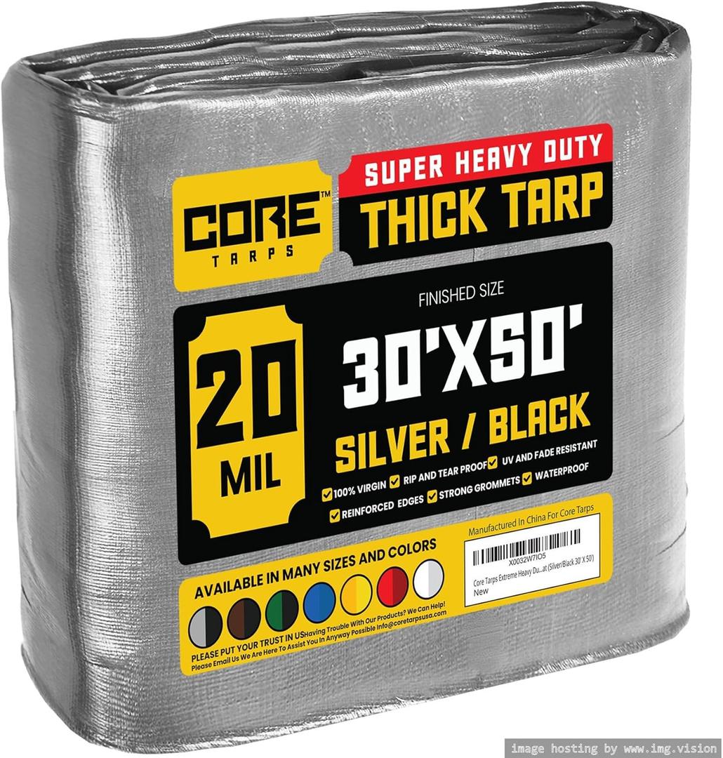 Core Tarps Extreme Heavy Duty 20 Mil Tarp Cover, Waterproof, UV Resistant, Rip and Tear Proof, Poly Tarpaulin with Reinforced Edges for Roof, Camping, Patio, Pool, Boat (Silver/Black 30 X 50)