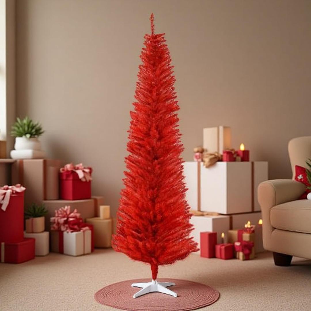 Trygoal Artificial Christmas Tree, 5 FT Slim Pine Needles Xmas Christmastree Realistic Holiday Decoration, Suit for Home, Office and Xmas Party Decoration, Easy Assembly Stand, Red