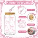 6Pcs Pink Bow Glass Cups with Lids and Straws 16oz Pink Cute Coquette Ribbon Drinking Glasses Cups Iced Coffee Cup for Women Girls Friend Bridesmaid Coffee Tumbler Birthday Party Gifts,Pink Bow