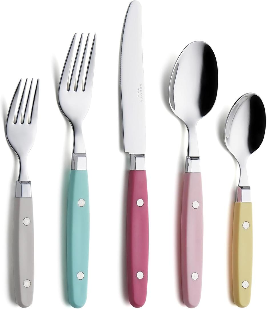 ANNOVA Silverware Set, Retro/Rivet Colorful Stainless Steel Tableware Kitchen Flatware Set Utensils, Includes Dinner Knives, Forks, Spoons, Salad Forks & Dessert Spoons (Pastel Mix, 20 Pieces)