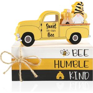 MARVONTEL Bee Decor Wooden Book Stack Bumble Bee Decor Bee Humble Kind Sign Honey Bee Tiered Tray Decor Truck with Gnome Summer Decor Rustic Farmhouse Bee Decorations for Home Kitchen Table Bookshelf