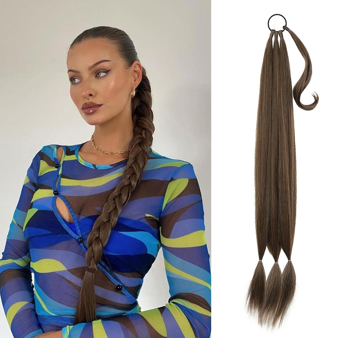 Long Braid Ponytail Extension with Hair Tie DIY Wrap Around Synthetic Hairpiece Natural Soft Fluffy Style for Womens Daily Wear 34 Inches Mixed brown dark blonde