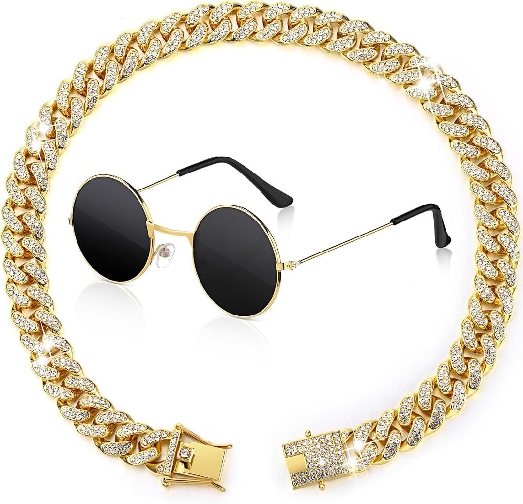 Xuniea 2 Pieces Cat Dog Chain Collar and Sunglasses Set Rhinestone Necklace with Secure Buckle Round Glasses for Doll Cat Dog Pet Accessories(18 Inch,Gold, Black)