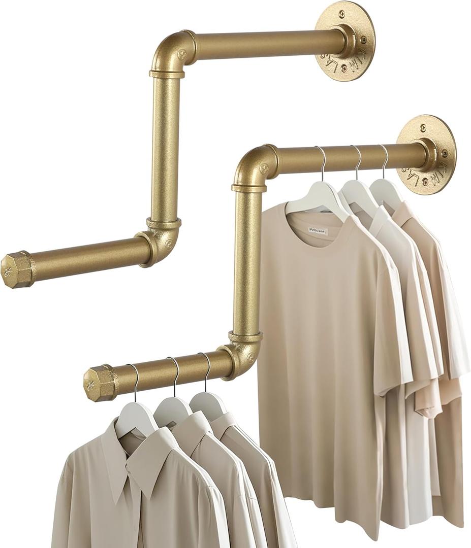 AddGrace Gold Industrial Pipe Clothing Rack 2 Pack Wall Mounted Clothes Rack for Hanging Clothes 18Inch Detachable Garment Bar for Bedroom Bathroom and Laundry Room 46cm